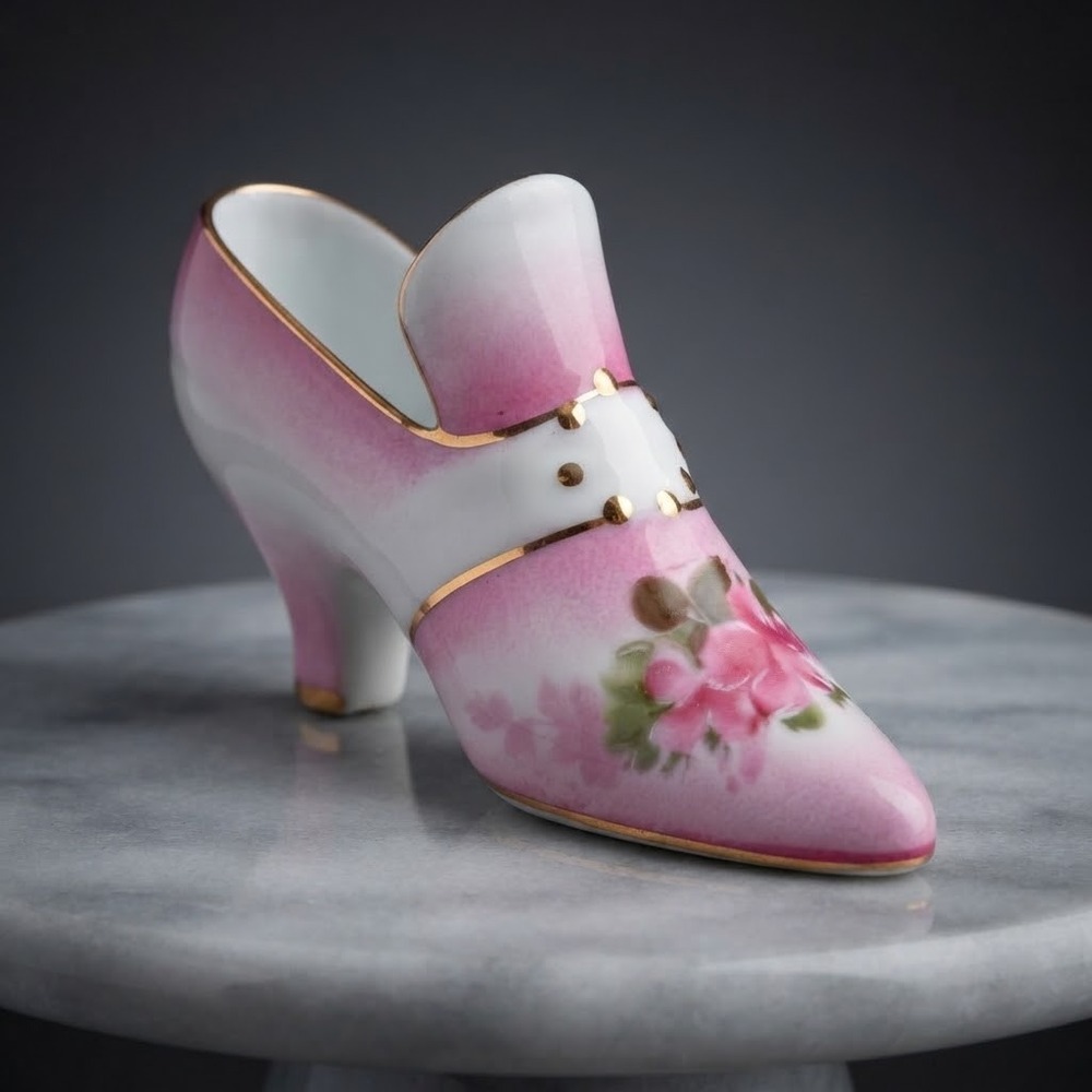 Vintage Limoges China Porcelain High Heel Shoe Figurine Pink Floral Gold Trim